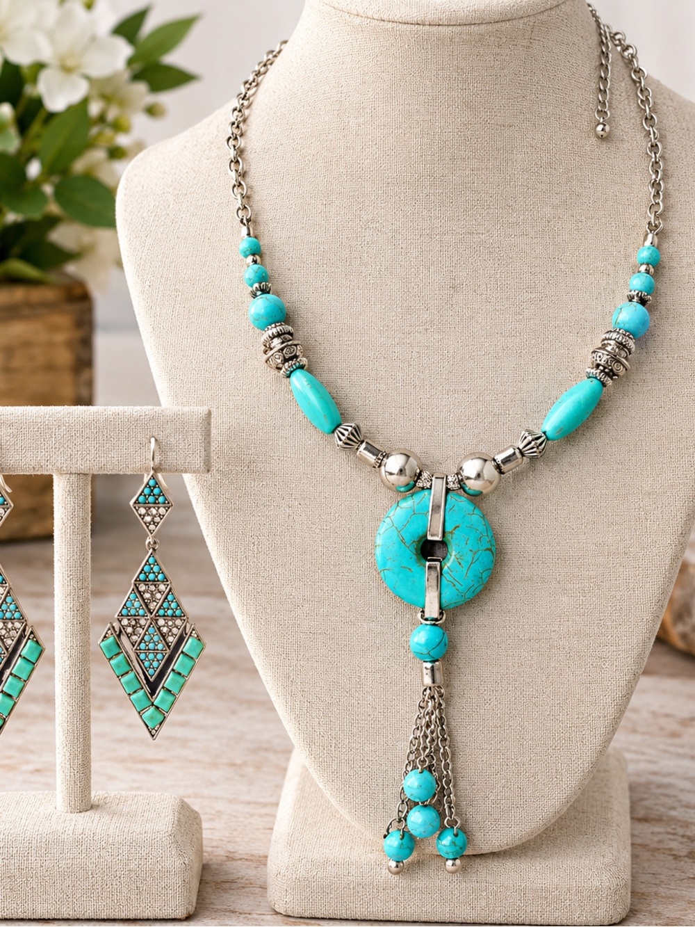 C&C California Turquoise Bead Donut Pendant Necklace with Tassel